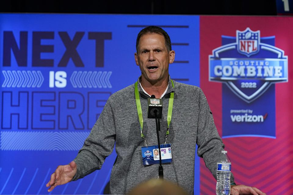 Jacksonville Jaguars general manager Trent Baalke speaks during a press conference at the NFL football scouting combine in Indianapolis, Tuesday, March 1, 2022. (AP Photo/Michael Conroy)