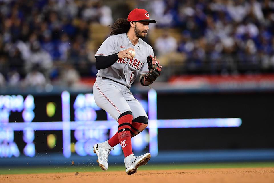 Cincinnati Reds second baseman Jonathan India (6) throws to first for the out against Los Angeles Dodgers catcher Will Smith (16) during the fourth inning at Dodger Stadium on April 14, 2022.