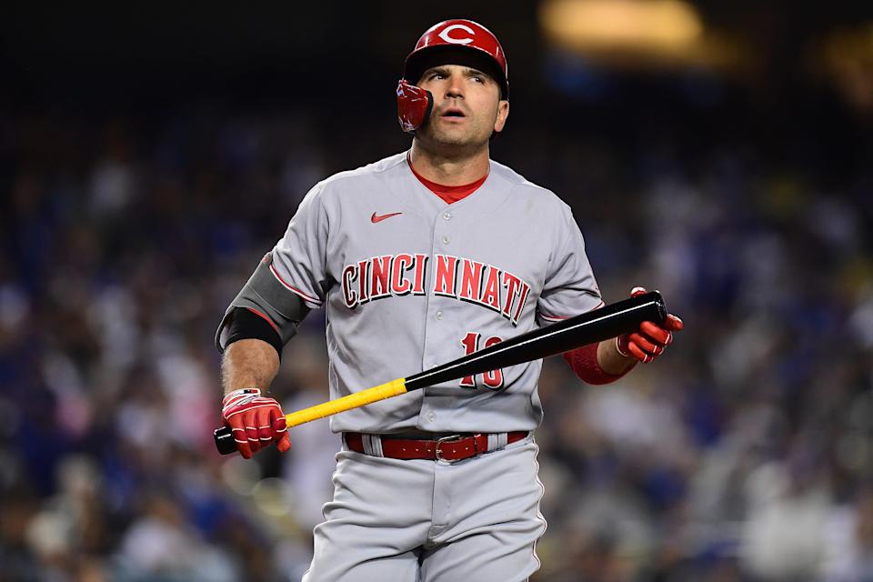 Apr 14, 2022; Los Angeles, California, USA; Cincinnati Reds first baseman Joey Votto (19) reacts after striking out against the Los Angeles Dodgers during the eighth inning at Dodger Stadium. Mandatory Credit: Gary A. Vasquez-USA TODAY Sports