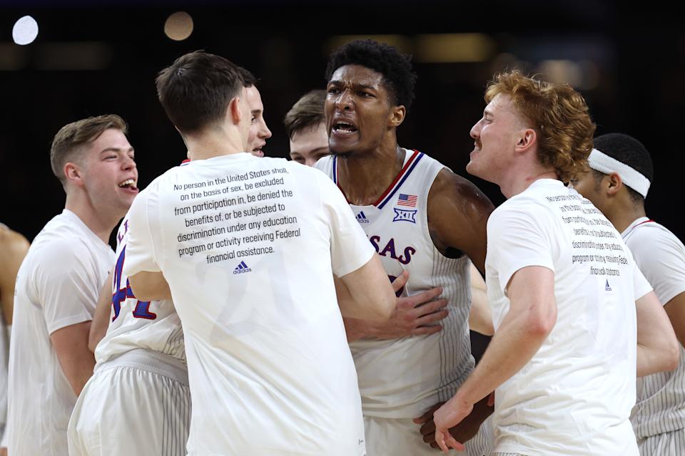 NEW ORLEANS, LOUISIANA - APRIL 02: David McCormack #33 of the Kansas Jayhawks reacts in the second half of the game against the Villanova Wildcats during the 2022 NCAA Men's Basketball Tournament Final Four semifinal at Caesars Superdome on April 02, 2022 in New Orleans, Louisiana. (Photo by Jamie Squire/Getty Images)