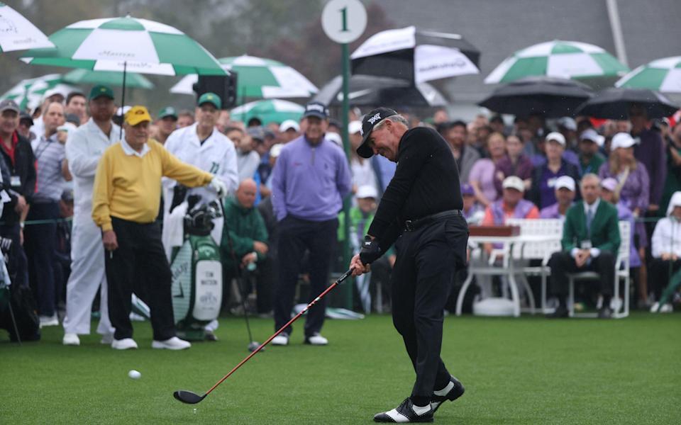 Gary Player of South Africa hits one of three ceremonial first tees for the first round of the 2022 Masters Tournament at the Augusta National Golf Club - SHutterstock