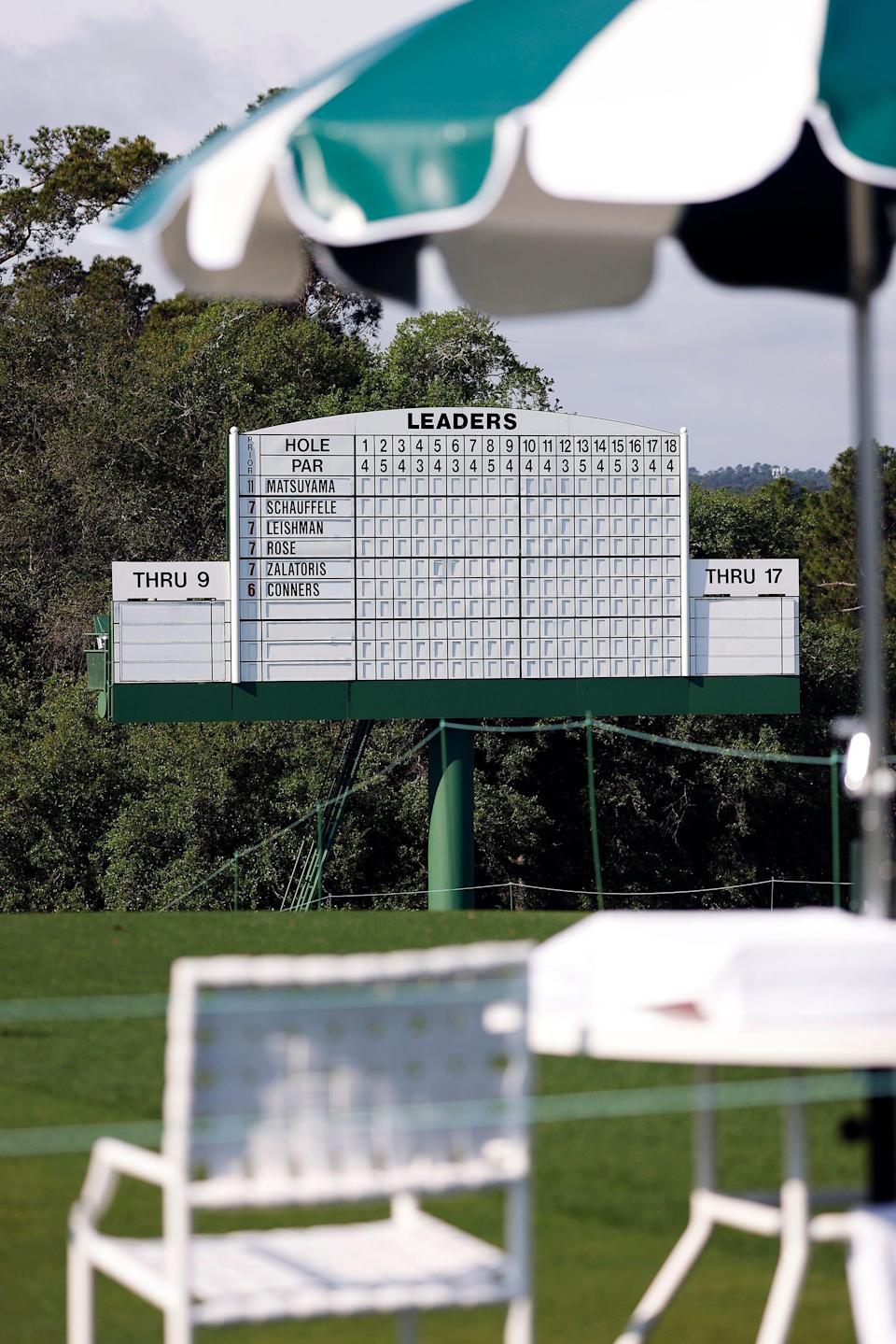 The early morning sun hits the main scoreboard on no. 18 before the start of Sunday's final round of the 2021 Masters.