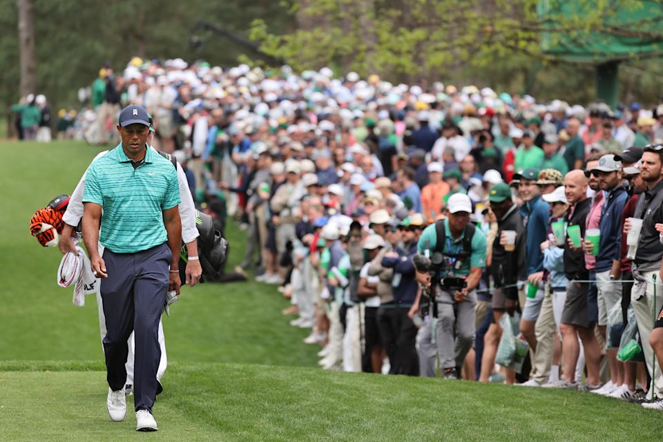 AUGUSTA, GEORGIA - APRIL 08: Tiger Woods walks to the seventh tee during the second round of The Masters at Augusta National Golf Club on April 08, 2022 in Augusta, Georgia. (Photo by Gregory Shamus/Getty Images)