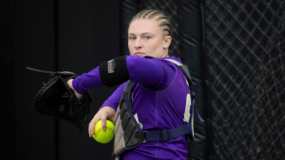 James Madison catcher Lauren Bernett during a NCAA softball game on Friday, May 28, 2021 in Columbia, Mo. (AP Photo/Colin E. Braley)