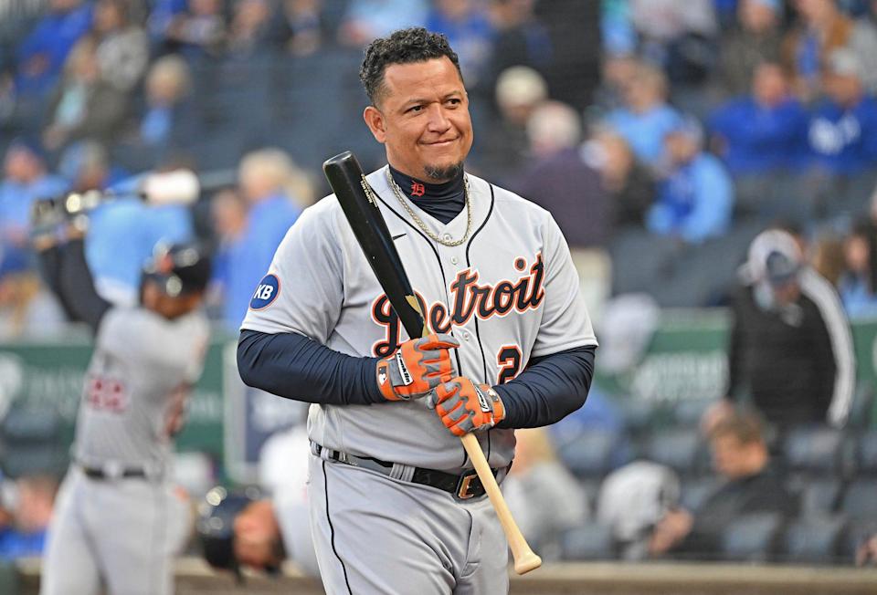 Detroit Tigers designated hitter Miguel Cabrera (24) looks on before the first inning against the Kansas City Royals on Thursday, April 14, 2022, at Kauffman Stadium in Kansas City, Mo.