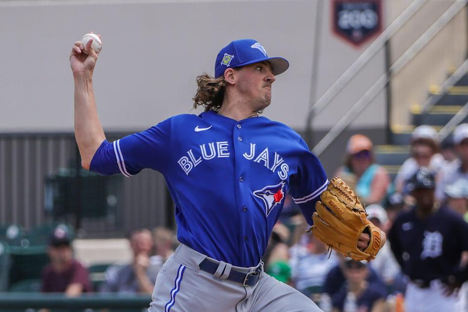 Blue Jays starting pitcher Kevin Gausman throws a pitch during the first inning against the Tigers during spring training April 4, 2022 at Publix Field at Joker Marchant Stadium.