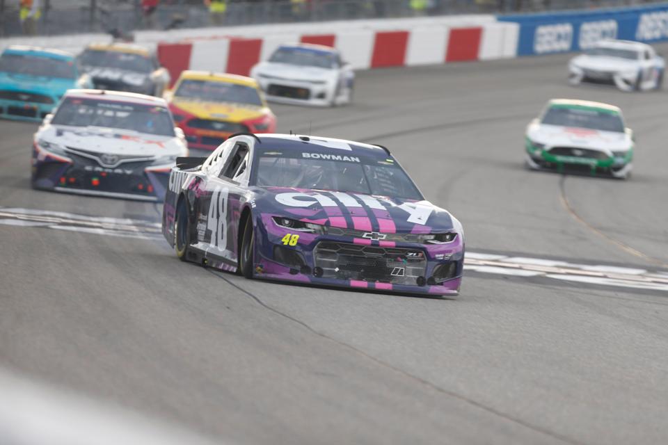 Alex Bowman (48) crosses the finish line to win the Toyota Owners 400 at Richmond Raceway on April 18, 2021.