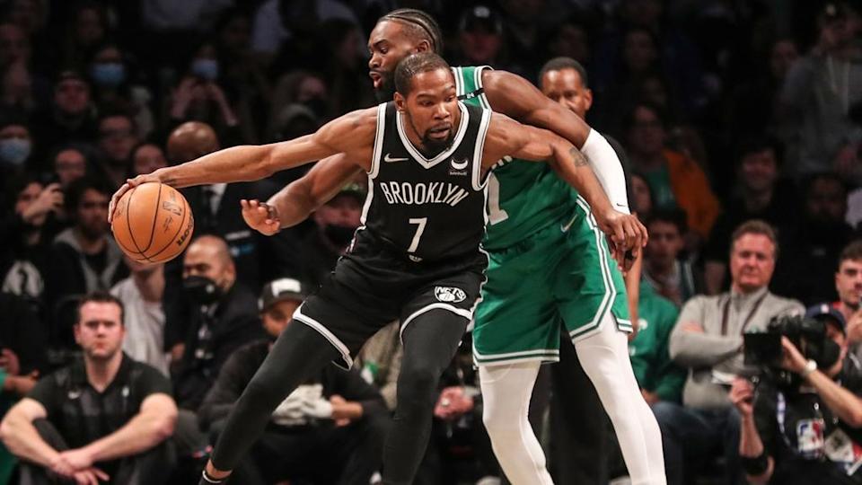 Kevin Durant backing down Jaylen Brown Game 3