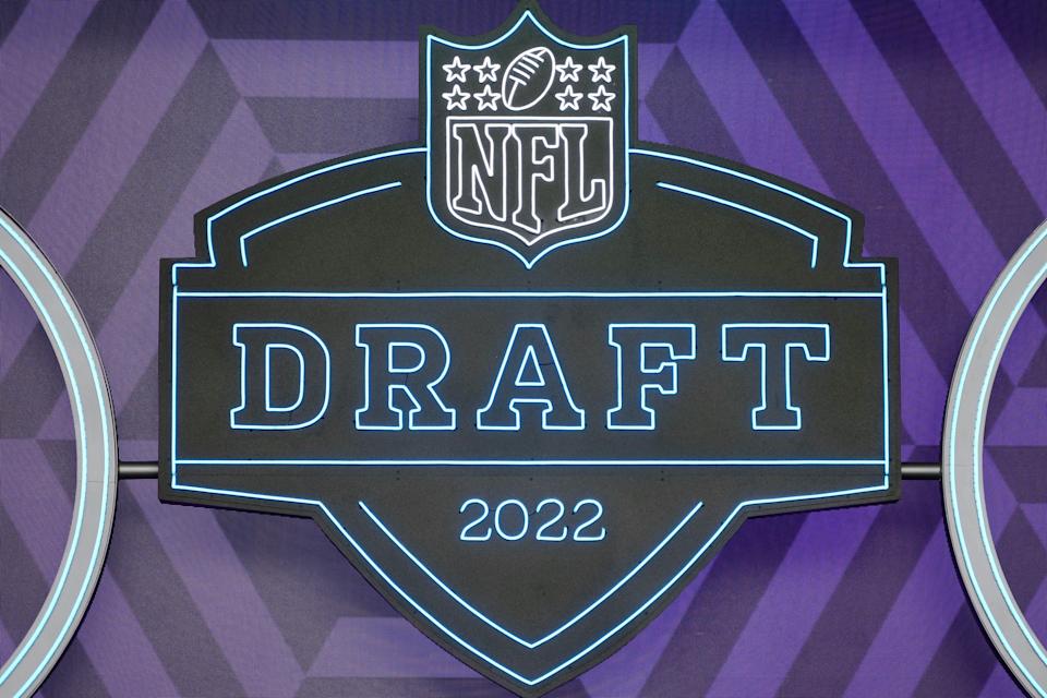 A detail view of the NFL Draft 2022 logo before the first round of the 2022 NFL Draft at the NFL Draft Theater.