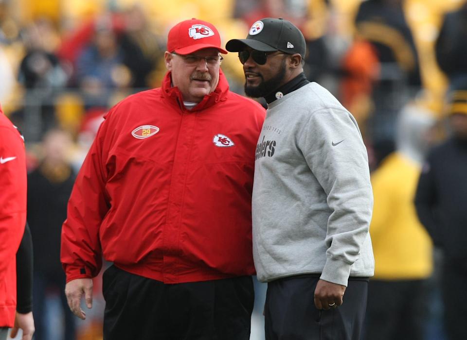 Could Chiefs head coach Andy Reid, left, or Pittsburgh's Mike Tomlin being making a draft night deal come April 28?