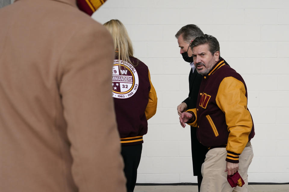 Dan Snyder, co-owner and co-CEO of the Washington Commanders, departs after attending an even to unveil his NFL football team's new identity, Wednesday, Feb. 2, 2022, in Landover, Md. The new name comes 18 months after the once-storied franchise dropped its old moniker following decades of criticism that it was offensive to Native Americans. (AP Photo/Patrick Semansky)