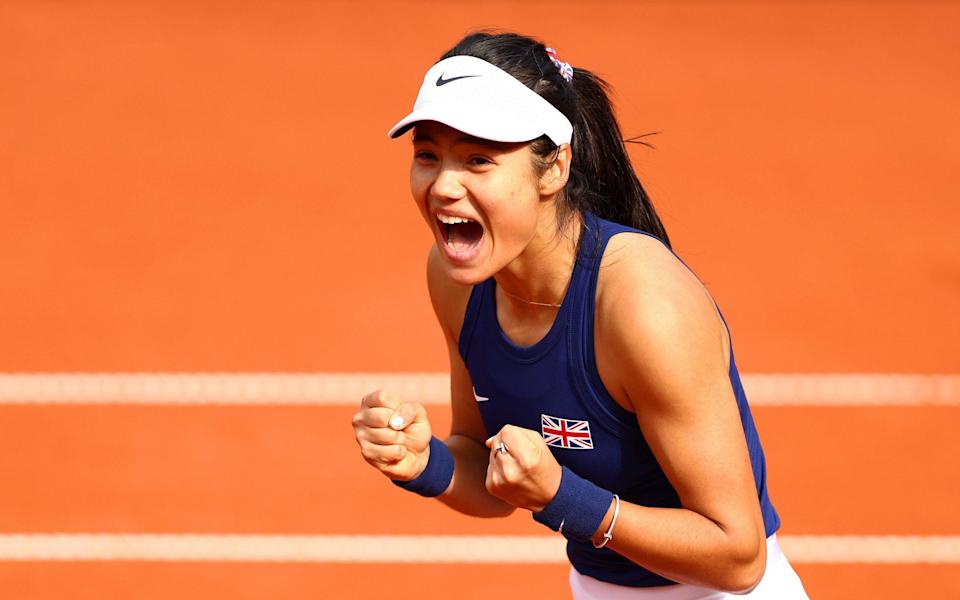 Emma Raducanu celebrates after their victory during the Billie Jean King Cup Play-Off match between the Czech Republic and Great Britain at the Tennis Club 1. - Getty Images Europe 