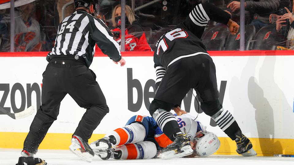 P.K. Subban #76 of the New Jersey Devils fights with Oliver Wahlstrom #26 of the New York Islanders. (Rich Graessle/Getty Images)