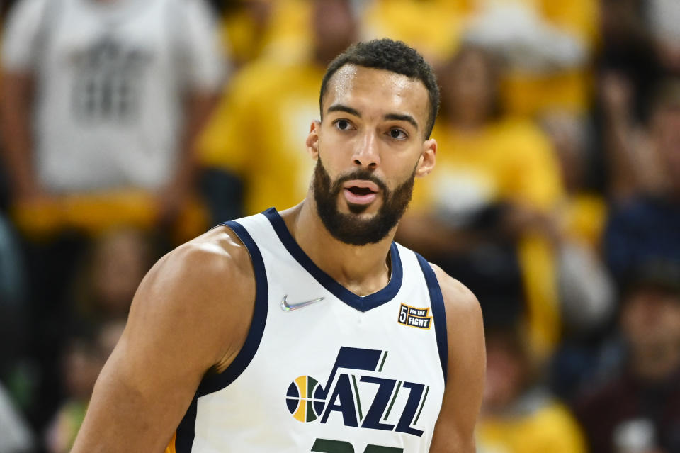 SALT LAKE CITY, UTAH - APRIL 23: Rudy Gobert #27 of the Utah Jazz looks on during the first half of Game Four of the Western Conference First Round Playoffs against the Dallas Mavericks at Vivint Smart Home Arena on April 23, 2022 in Salt Lake City, Utah. NOTE TO USER: User expressly acknowledges and agrees that, by downloading and/or using this Photograph, user is consenting to the terms and conditions of the Getty Images License Agreement. (Photo by Alex Goodlett/Getty Images)