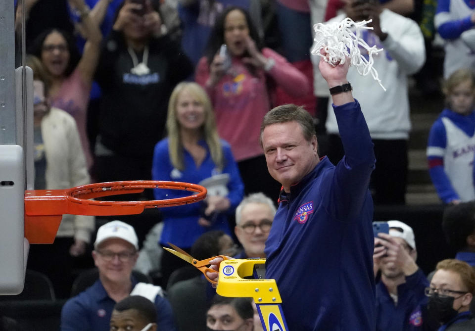 Kansas coach Bill Self cuts down the nets after his team advanced to the Final Four on March 27. (David Banks-USA TODAY Sports)