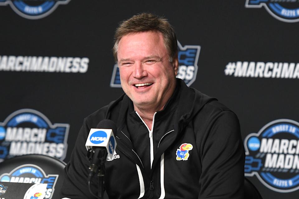 Kansas coach Bill Self laughs during a NCAA men's basketball tournament news conference on March 24. (Mitchell Layton/Getty Images)