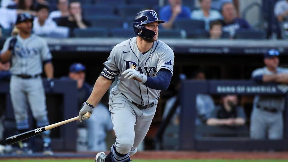 Austin Meadows swinging bat Rays at Yankee stadium