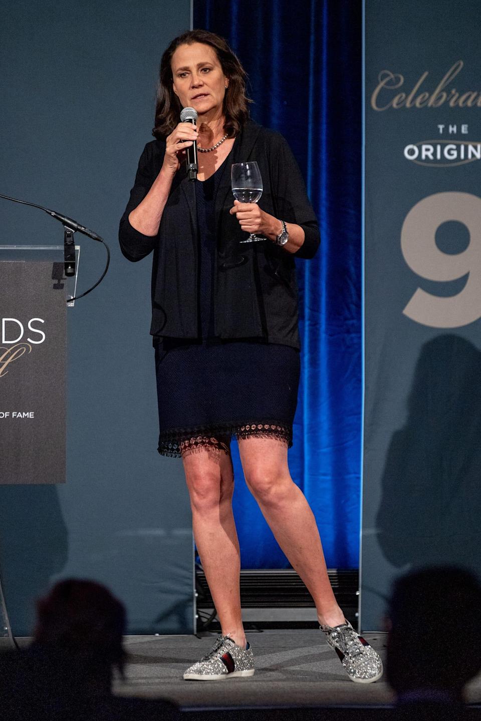 Pam Shriver toasts the &quot;Original 9&quot; at a Q&amp;A session during the 2021 International Tennis Hall Of Fame Legends Ball at Cipriani 42nd Street on Sept. 11, 2021 in New York City.