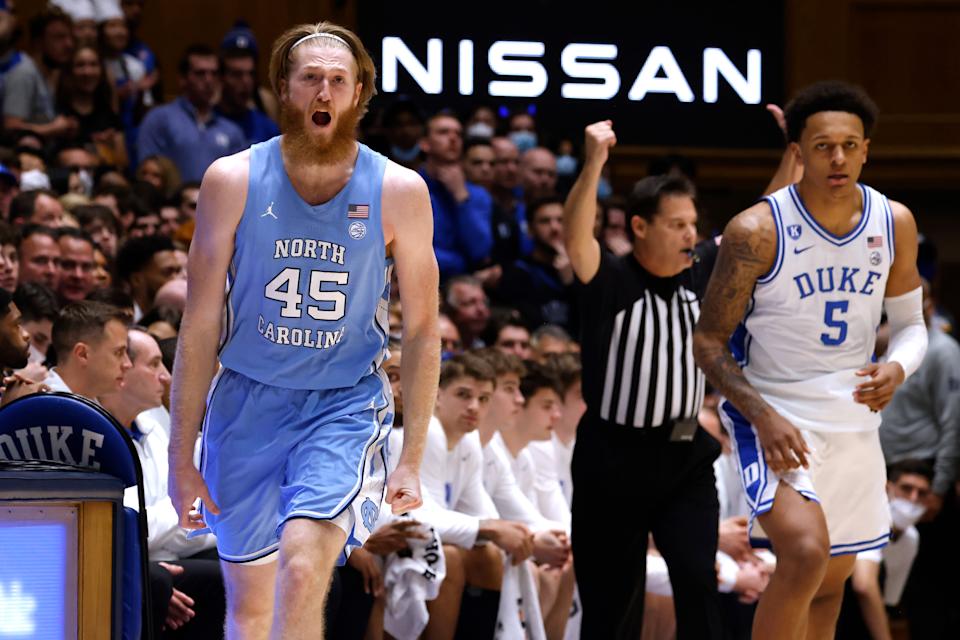 Brady Manek and the North Carolina Tar Heels will meet Paolo Banchero (5) and Duke again in the Final Four. (Photo by Lance King/Getty Images)