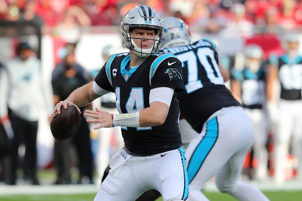 Carolina Panthers Quarterback Sam Darnold (14) could find himself replaced by someone in the NFL draft