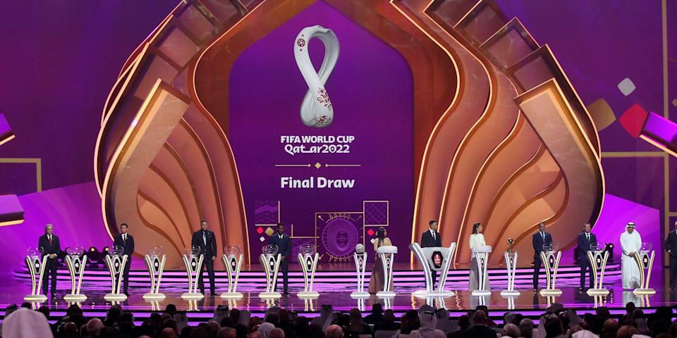 A wide shot of the draw for the 2022 Qatar World Cup on April 1, 2022.