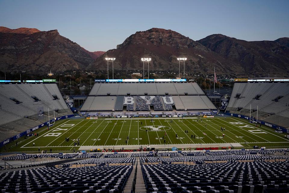 LaVell Edwards Stadium pictured on Oct. 31, 2020, in Provo, Utah, before an college football game between BYU and Western Kentucky.