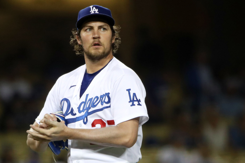 LOS ANGELES, CALIFORNIA - JUNE 12: Trevor Bauer #27 of the Los Angeles Dodgers looks on after giving up a hit.