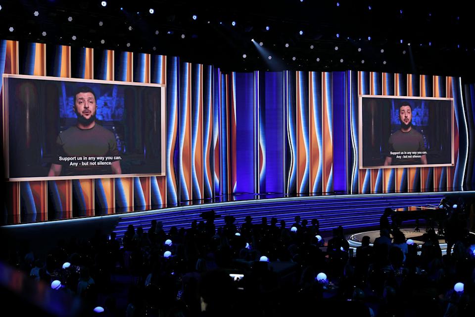 LUkrainian President Volodymyr Zelensky speaks on screen during the 64th Annual GRAMMY Awards at MGM Grand Garden Arena.