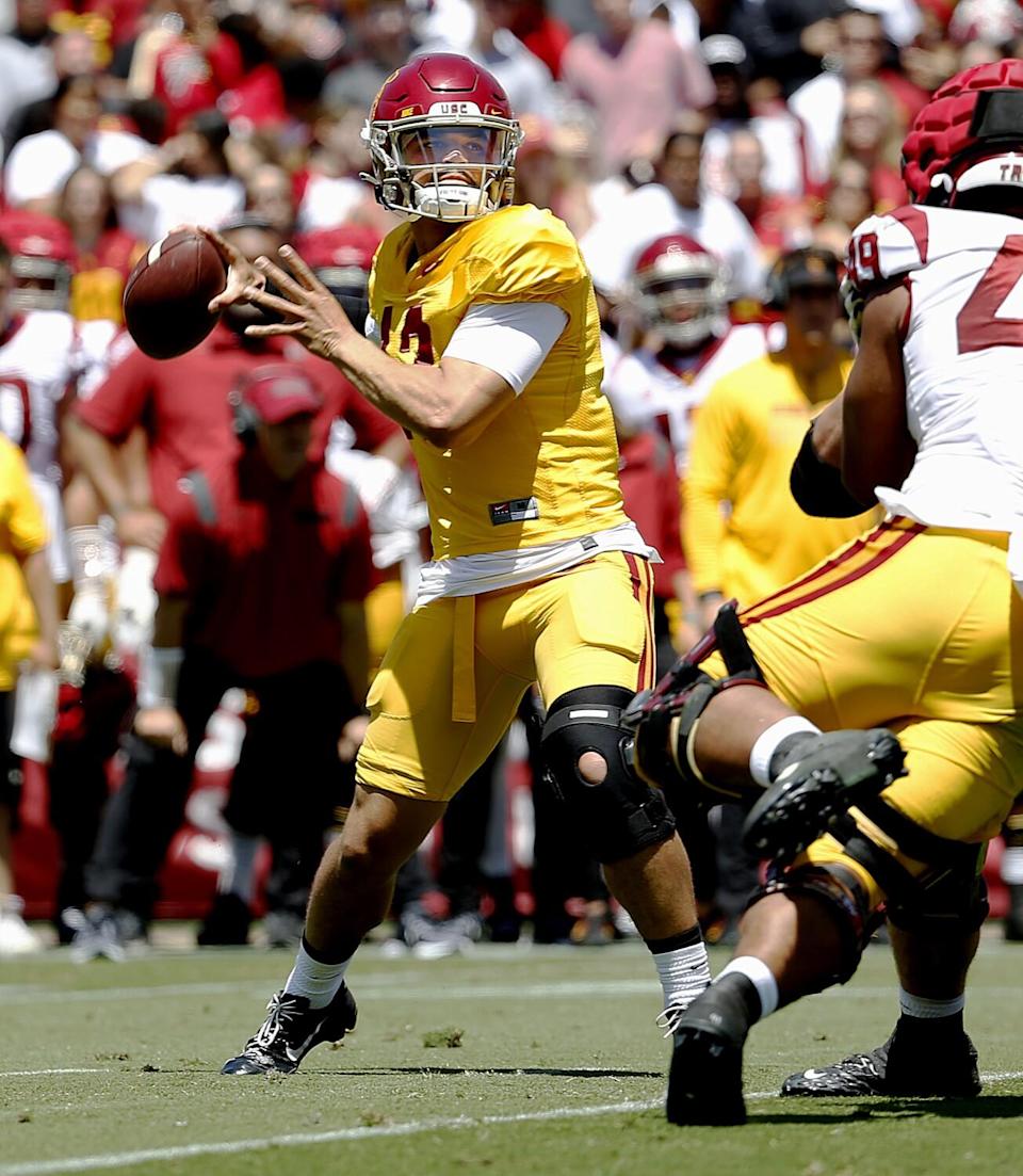 USC quarterback Caleb Williams throws a pass during the USC spring game