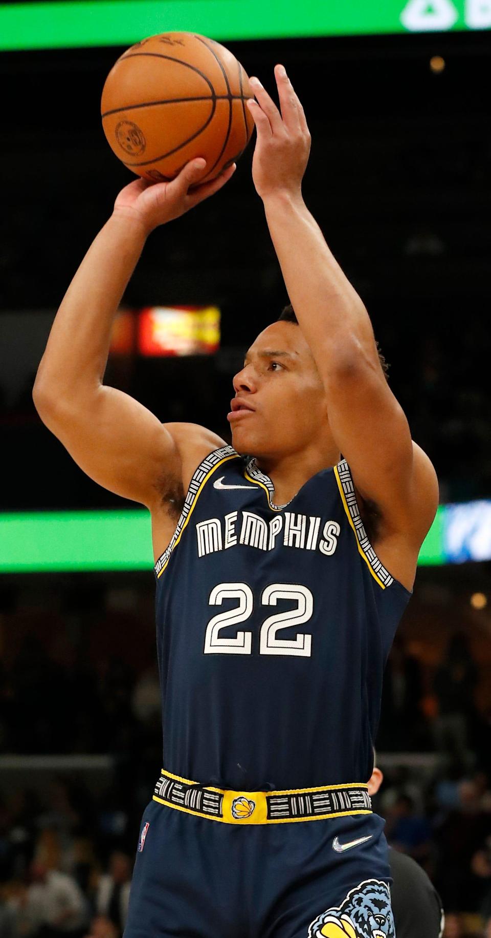 Apr 26, 2022; Memphis, Tennessee, USA; Memphis Grizzlies guard Desmond Bane (22) shoots a three-point field goal during the first half of game five of the first round for the 2022 NBA playoffs against the Minnesota Timberwolves at FedExForum. Mandatory Credit: Christine Tannous-USA TODAY Sports