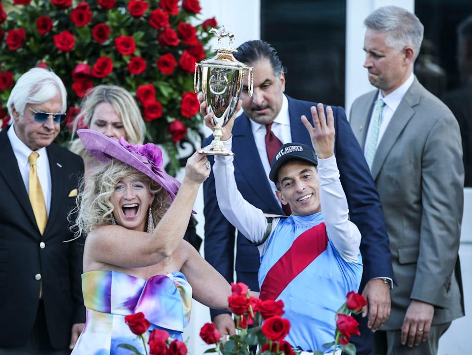 Jubilation from Jockey John Velazquez as he celebrates winning the Kentucky Derby on Medina Spirit at the 147th Kentucky Derby Saturday. May 1, 2021