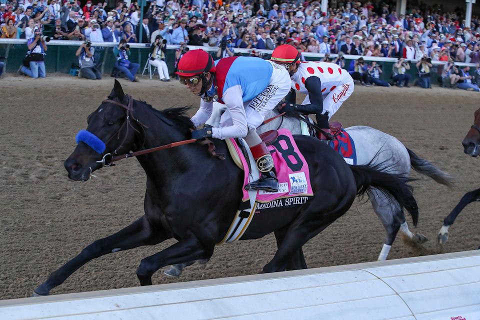 John Velazquez, aboard Medina Spirit, wins the Kentucky Derby.