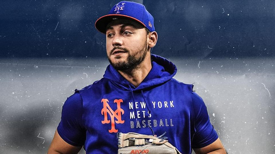 Michael Conforto treated image, looking to side with blue hoodie and hat, blue-grey-tinted background