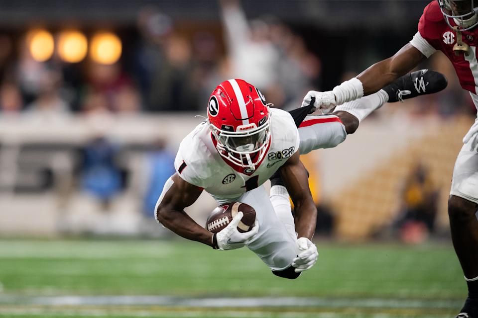 Georgia Bulldogs WR George Pickens (1) was one of 13 receivers taken in the first two rounds of the NFL draft. (Photo by Zach Bolinger/Icon Sportswire via Getty Images)