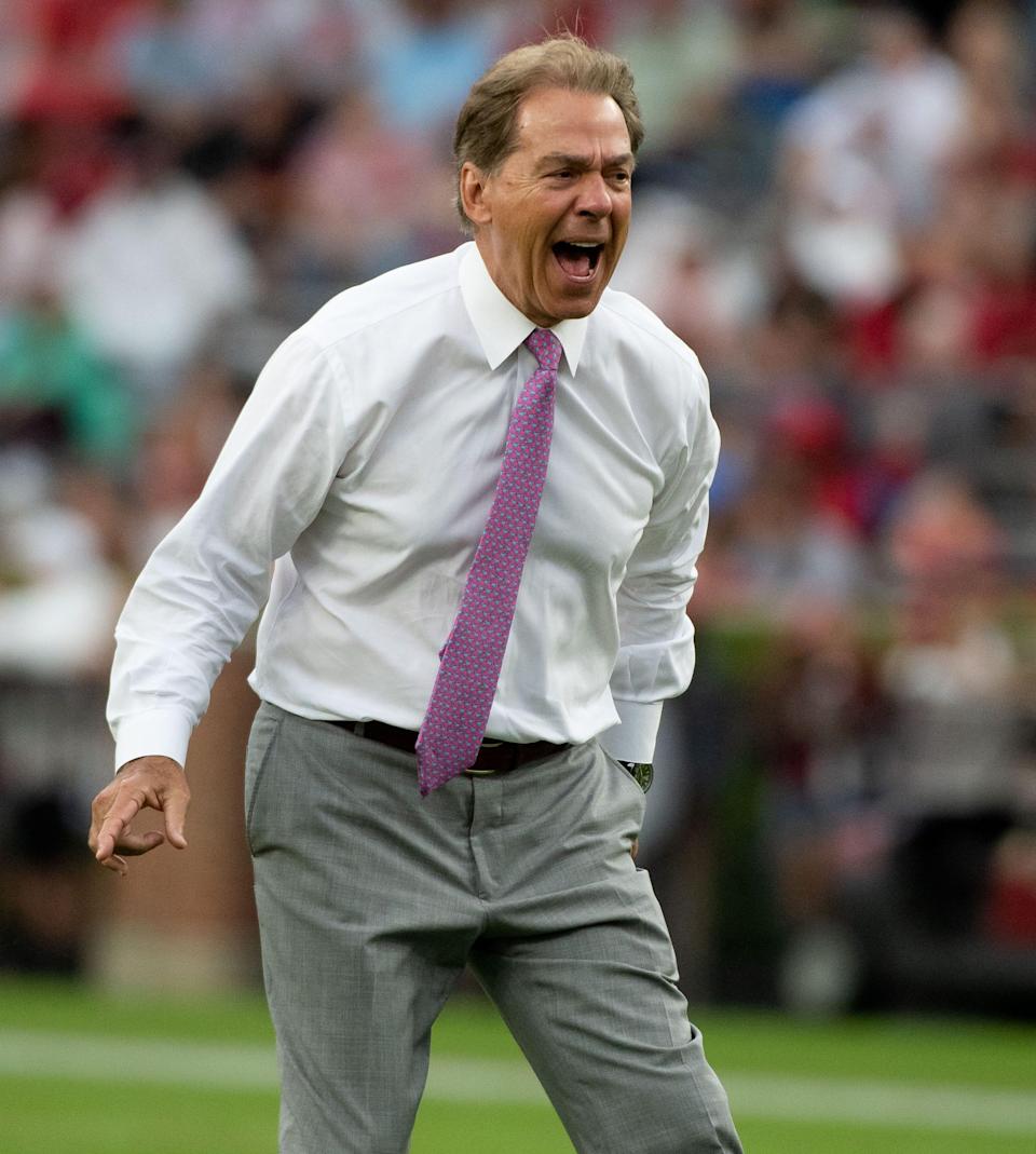 Apr 16, 2022; Tuscaloosa, Alabama, USA; Head coach Nick Saban yells at defensive players during the A-Day game at Bryant-Denny Stadium. Mandatory Credit: Gary Cosby Jr.-USA TODAY Sports