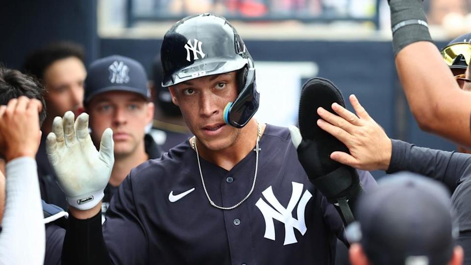 Aaron Judge celebrates homer Spring Training dugout Braves