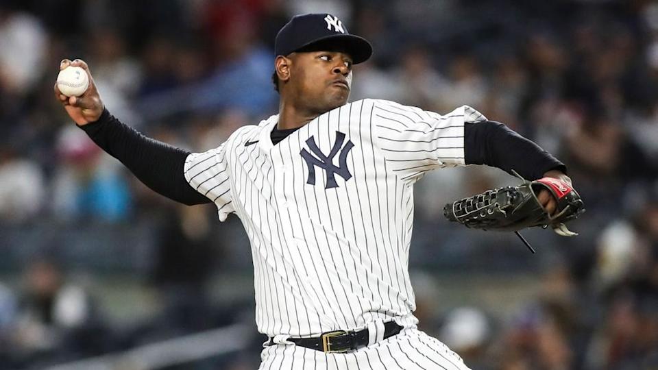 Luis Severino pinstripes night game side angle