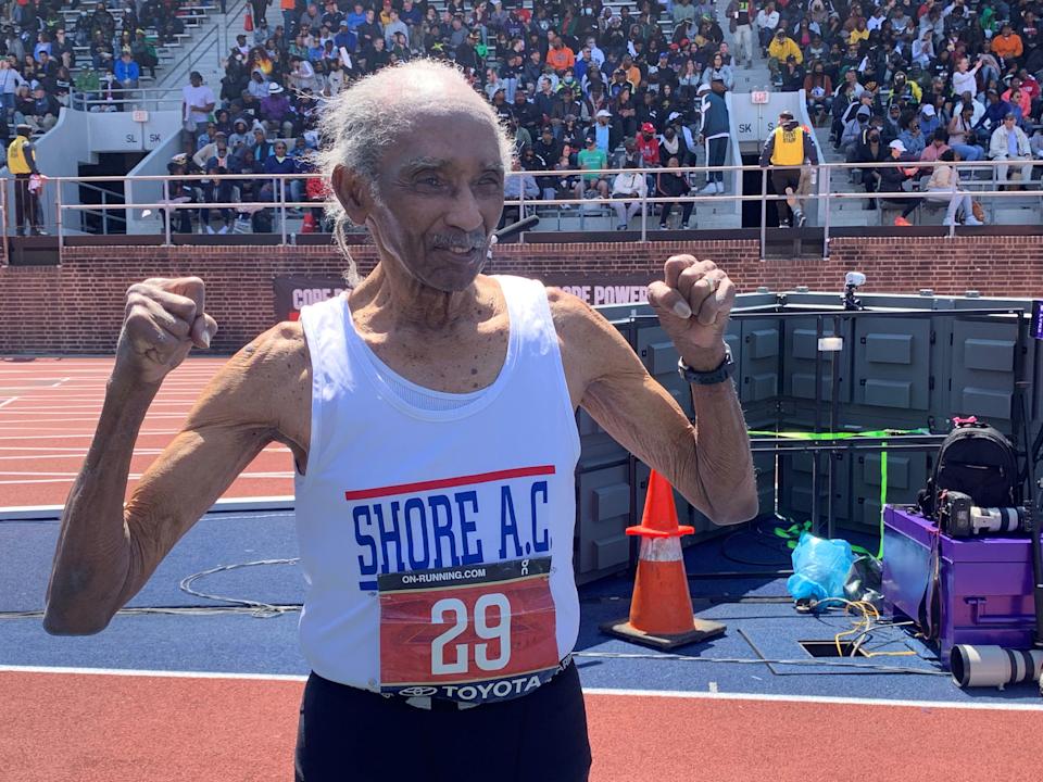 Long Branch 100-year-old Lester Wright after racing at the Penn Relays