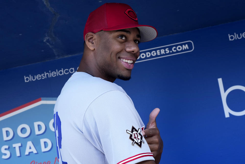 Los Angeles, CA - April 15: Hunter Greene #21 of the Cincinnati Reds and Notre Dame High School alumni with his #42 jersey and shoes in honor of Jackie Robinson prior to a MLB baseball game between the Los Angeles Dodgers and the Cincinnati Reds at Dodger Stadium in Los Angeles on Friday, April 15, 2022. (Photo by Keith Birmingham/MediaNews Group/Pasadena Star-News via Getty Images)