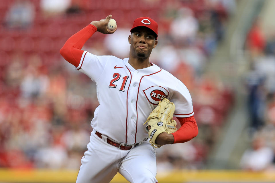 Cincinnati Reds' Hunter Greene throws during a baseball game against the St. Louis Cardinals in Cincinnati, Friday, April 22, 2022. The Cardinals won 4-2 (AP Photo/Aaron Doster)