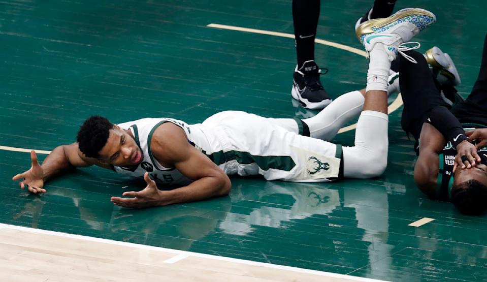 Giannis Antetokounmpo had a big game for the Bucks in Game 4, and it wasn't enough to beat the Celtics. (Photo by Jim Davis/The Boston Globe via Getty Images)