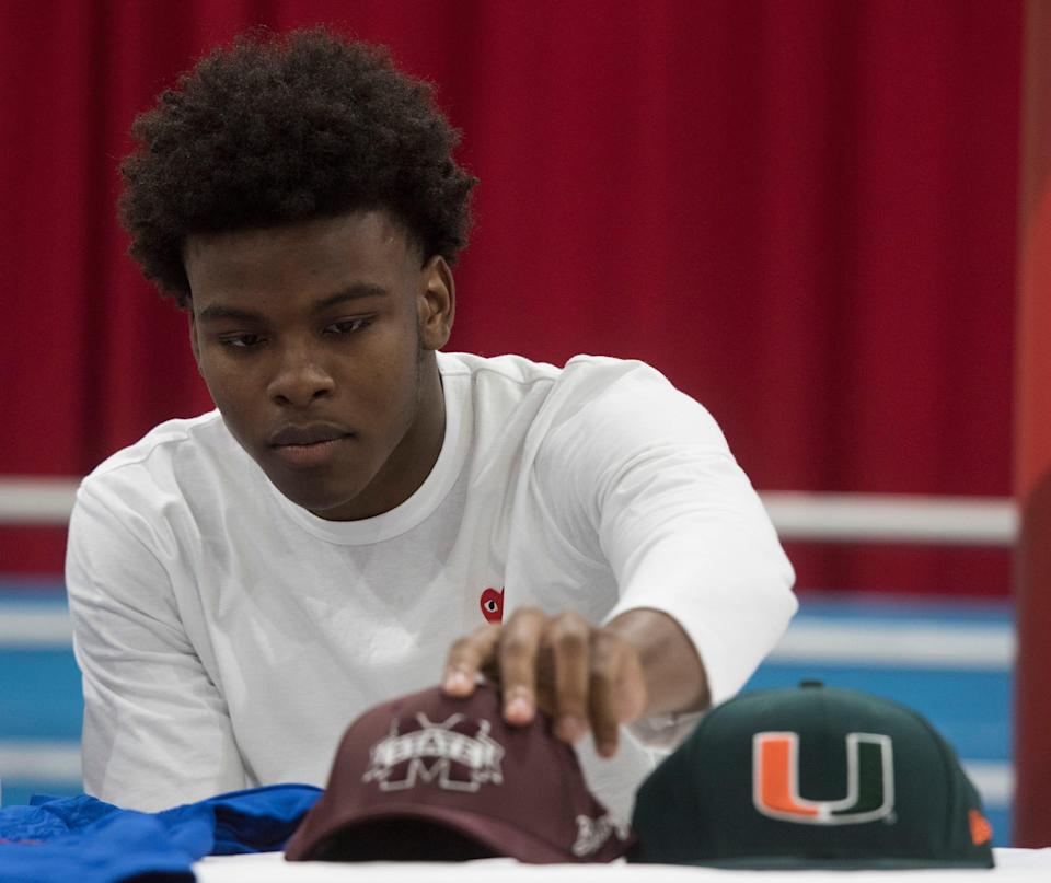 Pine Forest High School’s Martin Emerson commits to the Mississippi State University over Miami on National Signing Day, Wednesday Feb.6, 2019. 