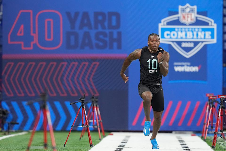 Mississippi State defensive back Martin Emerson runs the 40-yard dash during the NFL football scouting combine, Sunday, March 6, 2022, in Indianapolis. (AP Photo/Darron Cummings)