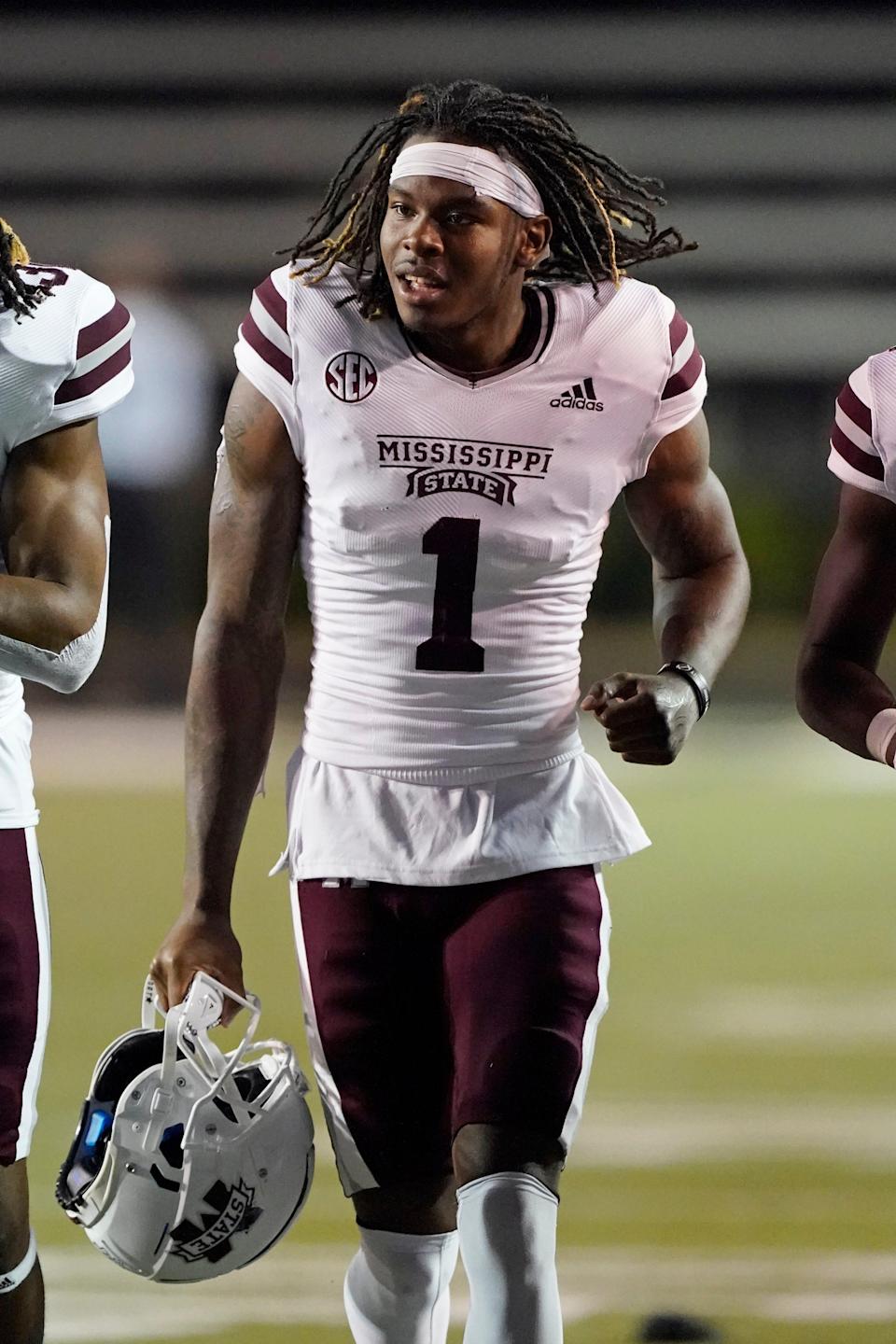 Mississippi State cornerback Martin Emerson (1) leaves the field after an NCAA college football game against Vanderbilt Saturday, Oct. 23, 2021, in Nashville, Tenn. (AP Photo/Mark Humphrey)