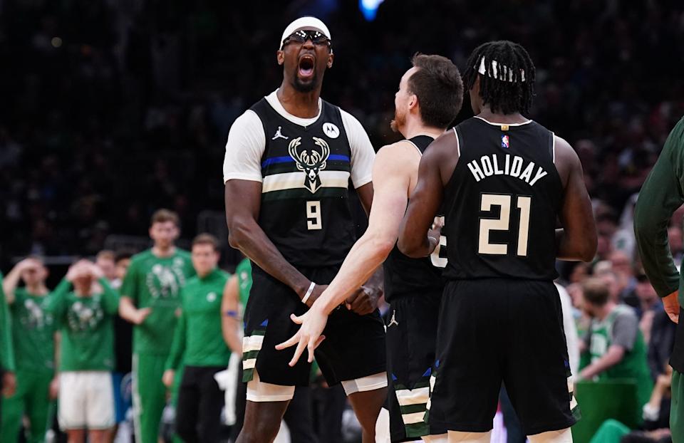 The Milwaukee Bucks celebrate their comeback against the Boston Celtics in Game 5 of the Eastern Conference semifinals. (David Butler II/USA Today Sports)