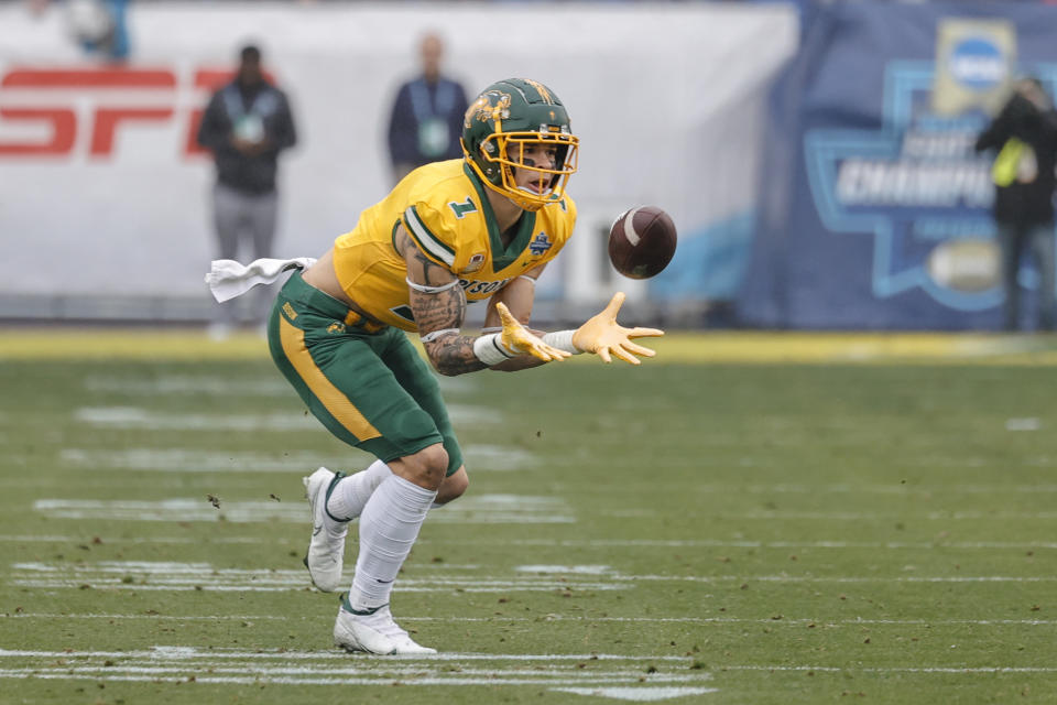 North Dakota State WR Christian Watson made the most of his college touches, but drops were an issue the past two seasons especially. (Photo by Matthew Pearce/Icon Sportswire via Getty Images)