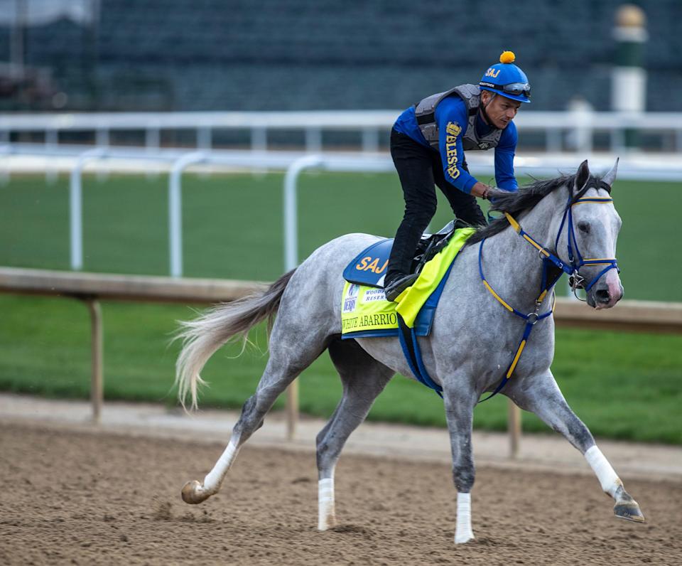 Kentucky Derby favorite White Abarrio gallops on the track at Churchill Downs. May 4, 2022