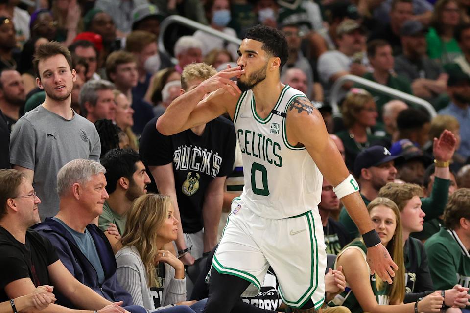 Boston Celtics forward Jayson Tatum scored 46 points in a road elimination Game 6 against the Milwaukee Bucks in the Eastern Conference semifinals. (Stacy Revere/Getty Images)