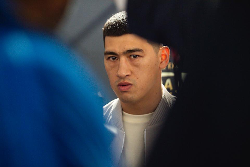SAN DIEGO, CA - MARCH 02: Boxer Dmitry Bivol speaks with the media following at the press conference announcing the May 7th Canelo Alvarez v Dmitry Bivol fight at the Sheraton Hotel on March 2, 2022 in San Diego, California. (Photo by Matt Thomas/Getty Images) ***Local Caption***