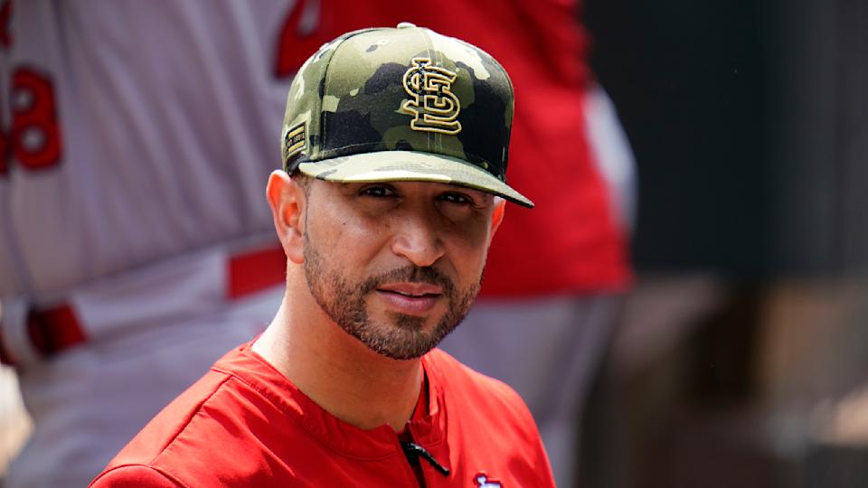 St. Louis Cardinals manager Oliver Marmol stands in the dugout before a baseball game against the Pittsburgh Pirates in Pittsburgh, Sunday, May 22, 2022. (AP Photo/Gene J. Puskar)